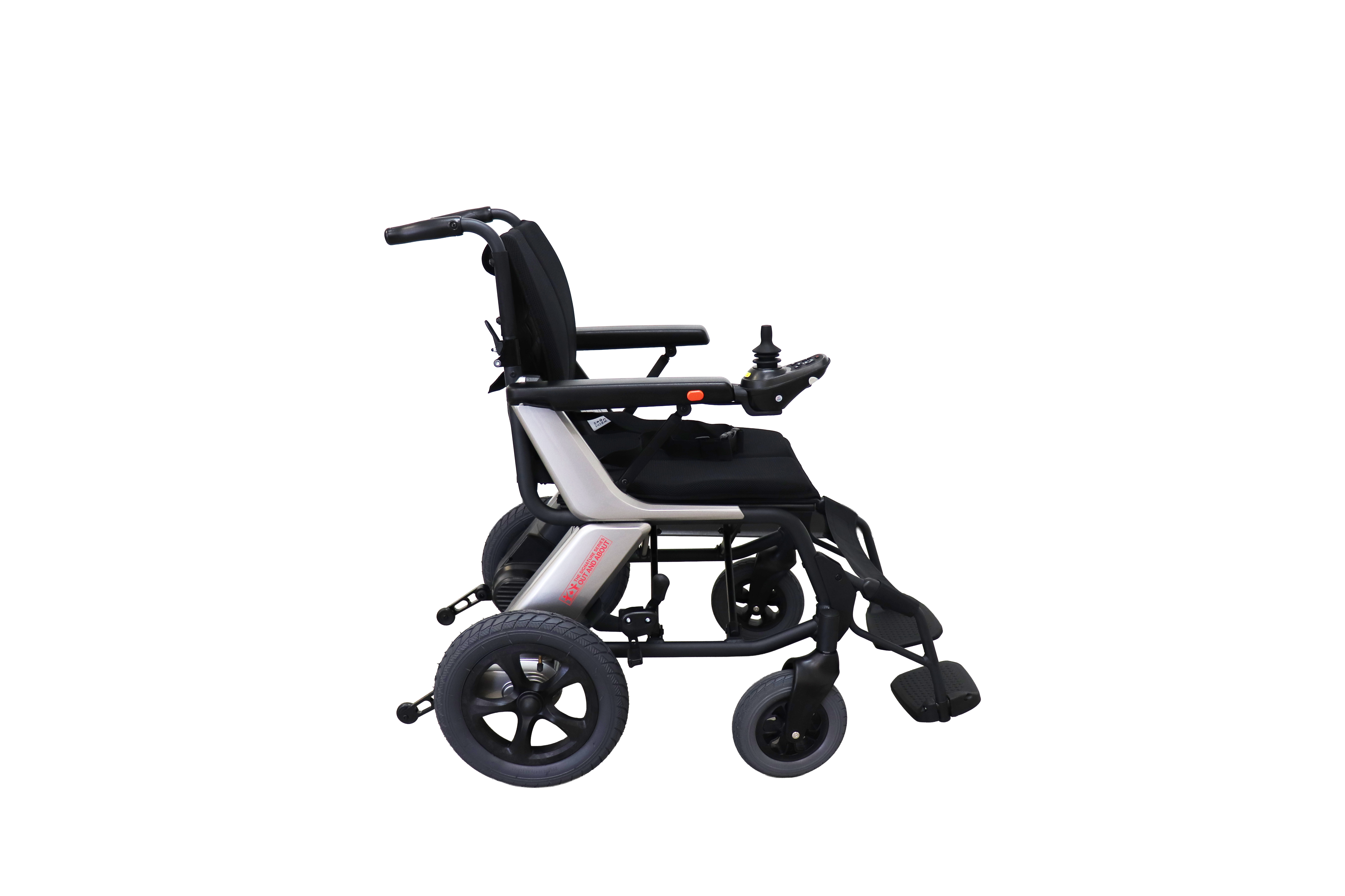 Out & About power wheelchair folded for transport and storage